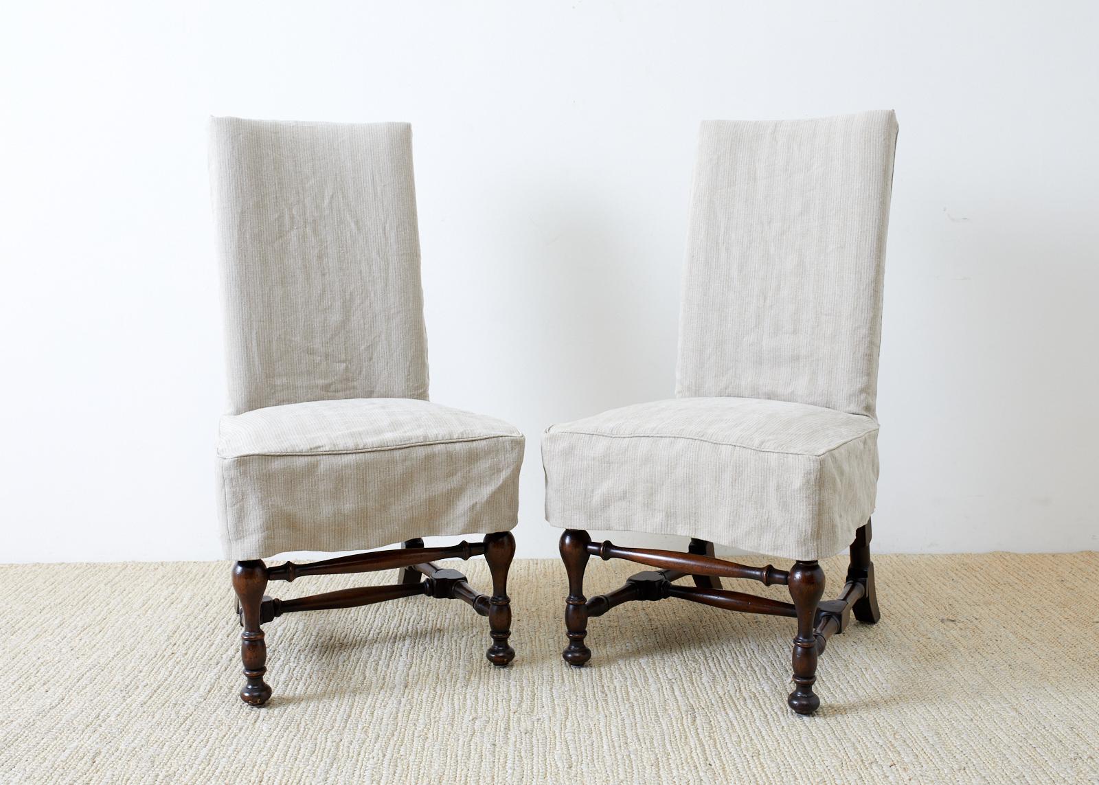 William and Mary Set of Four English Style Walnut Slipcover Dining Chairs