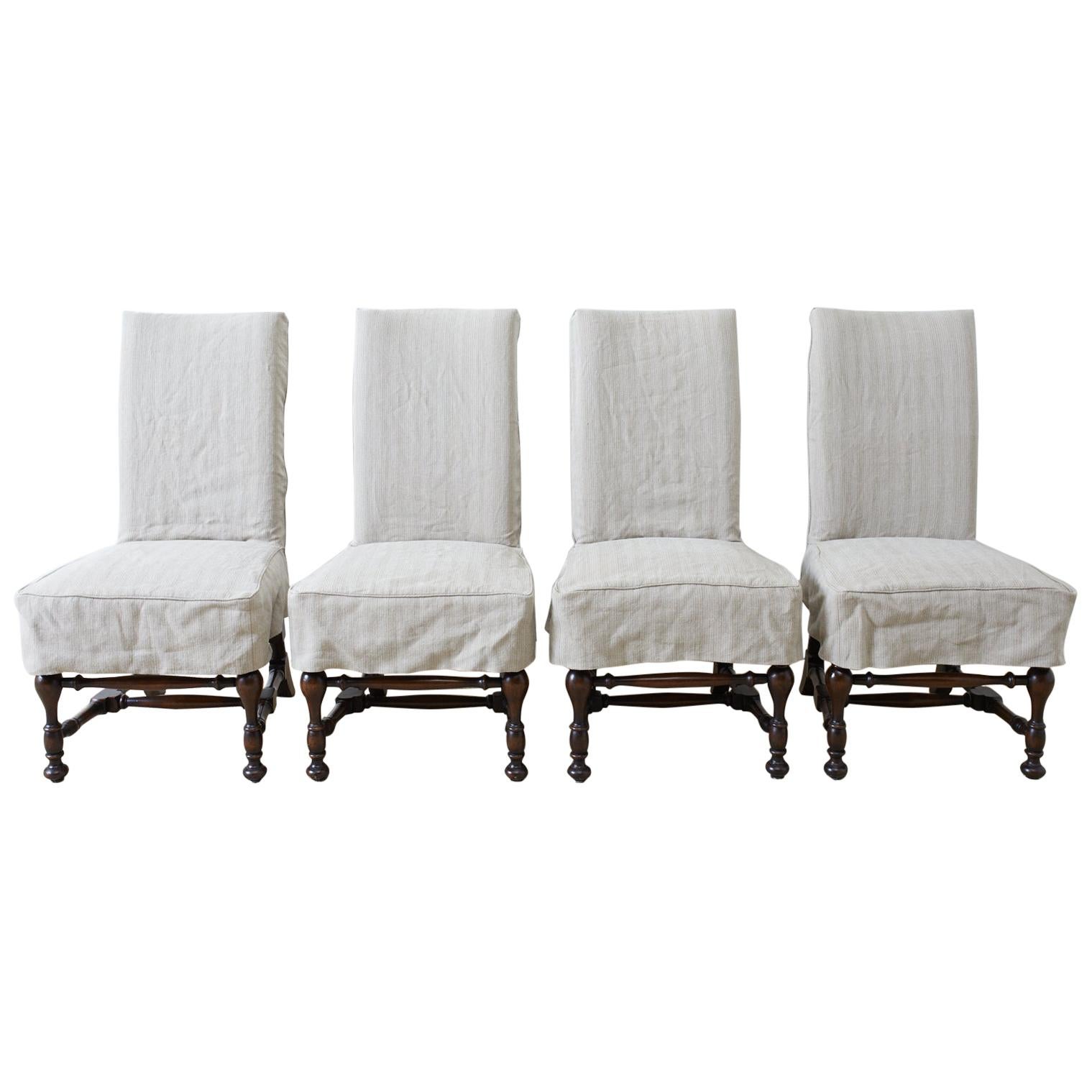 Set of Four English Style Walnut Slipcover Dining Chairs