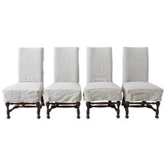 Vintage Set of Four English Style Walnut Slipcover Dining Chairs