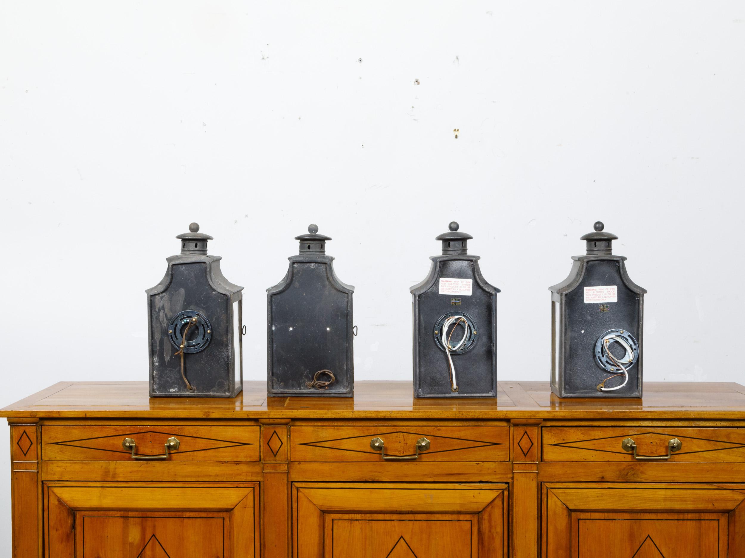 20th Century Set of Four English Turn of the Century Single-Light Copper Wall Mount Lanterns For Sale