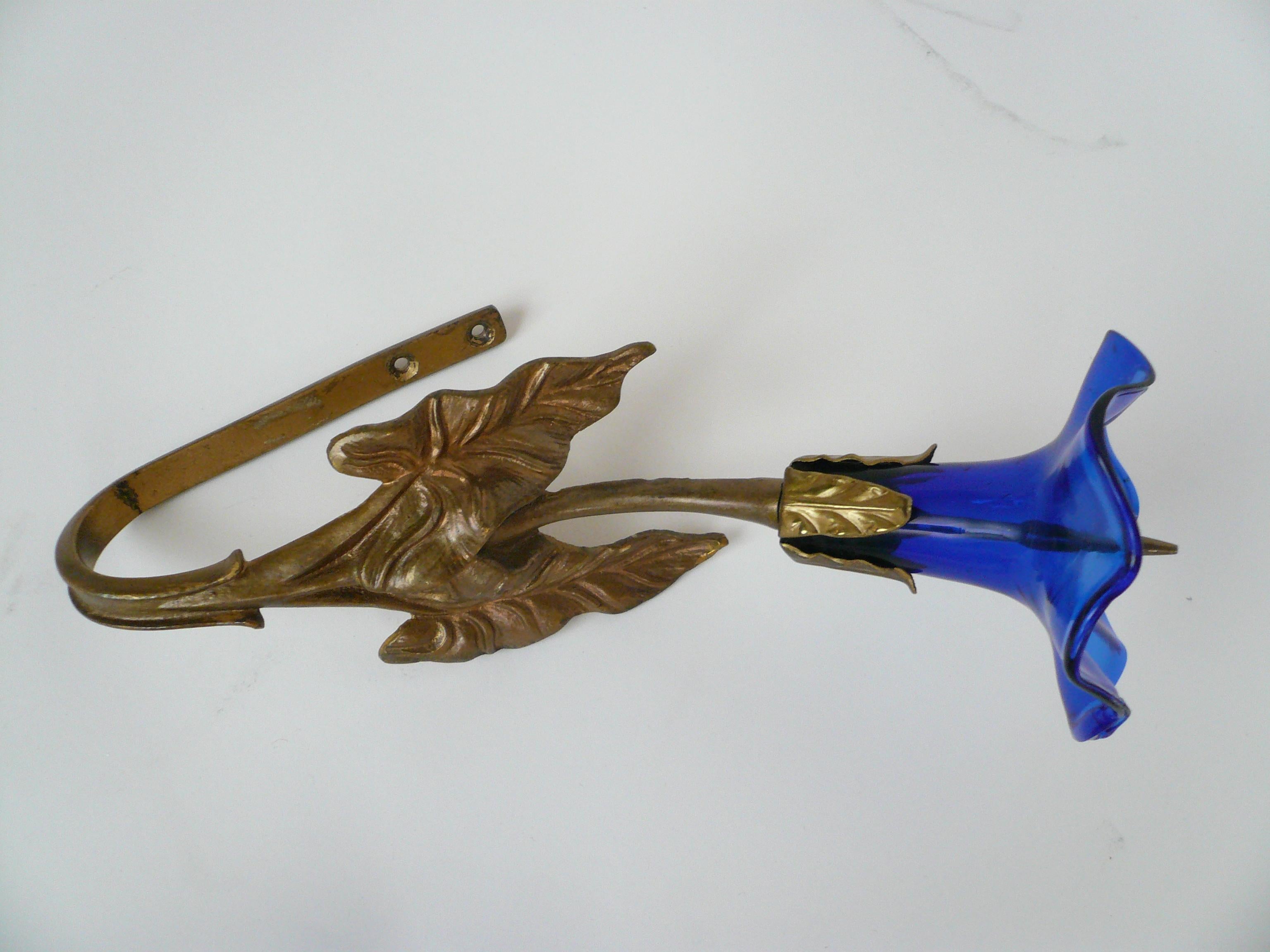 Blown Glass Set of four English Victorian Cobalt Blue Glass and Brass Curtain Tiebacks For Sale