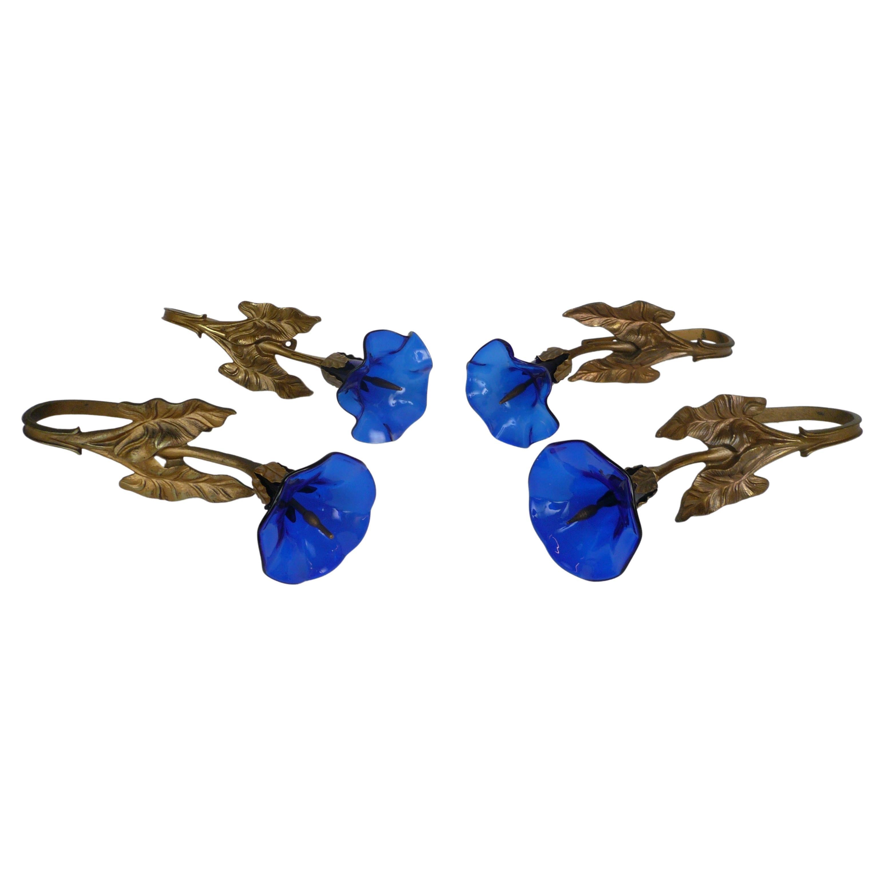 Set of four English Victorian Cobalt Blue Glass and Brass Curtain Tiebacks For Sale