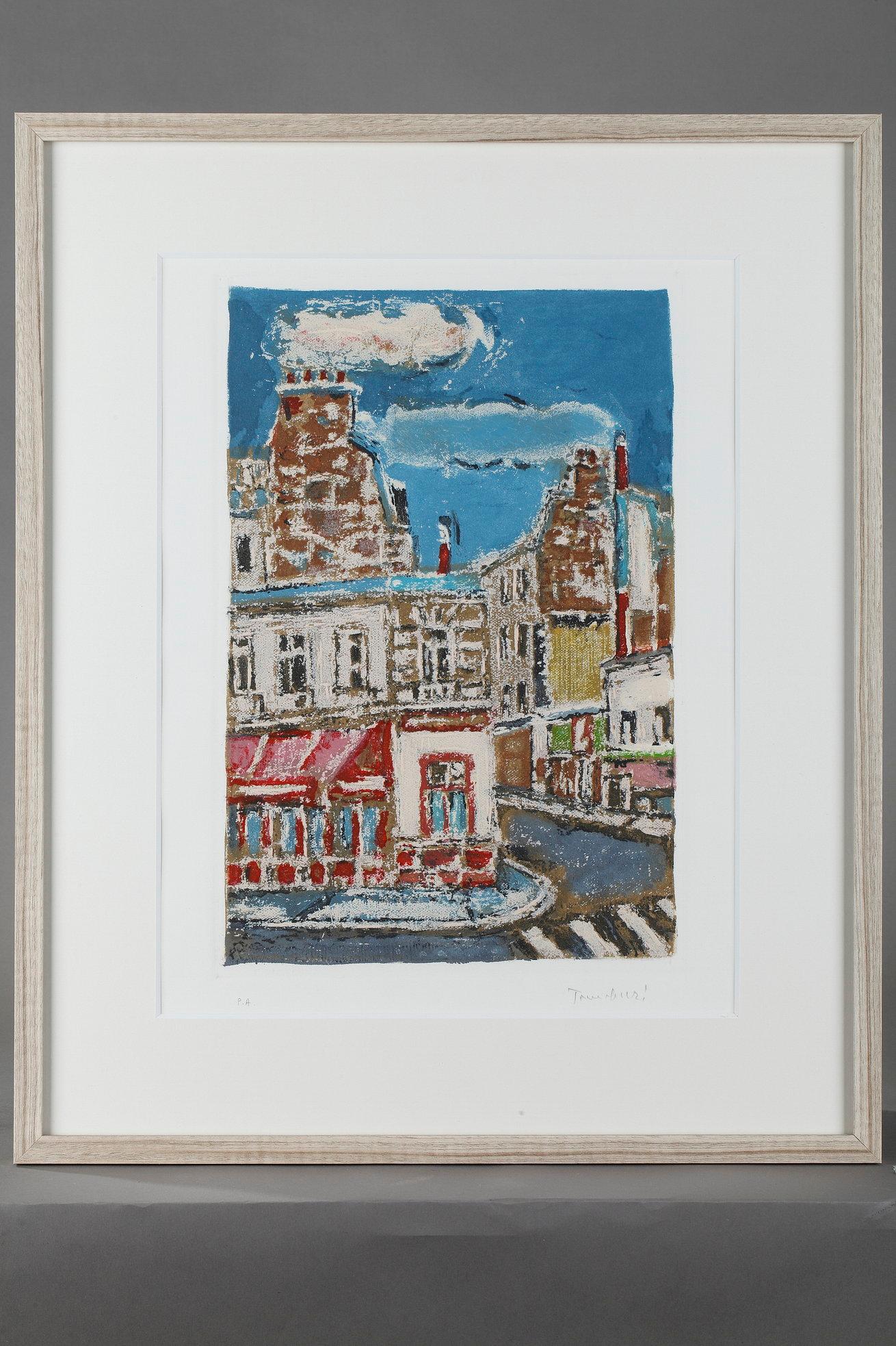 Group of four framed etchings by Orfeo Tamburini representing the districts of Paris realized with aquatint in colors. They were produced by the art print publishing house Il Cigno in Rome between 1979 and 1981 for the series 