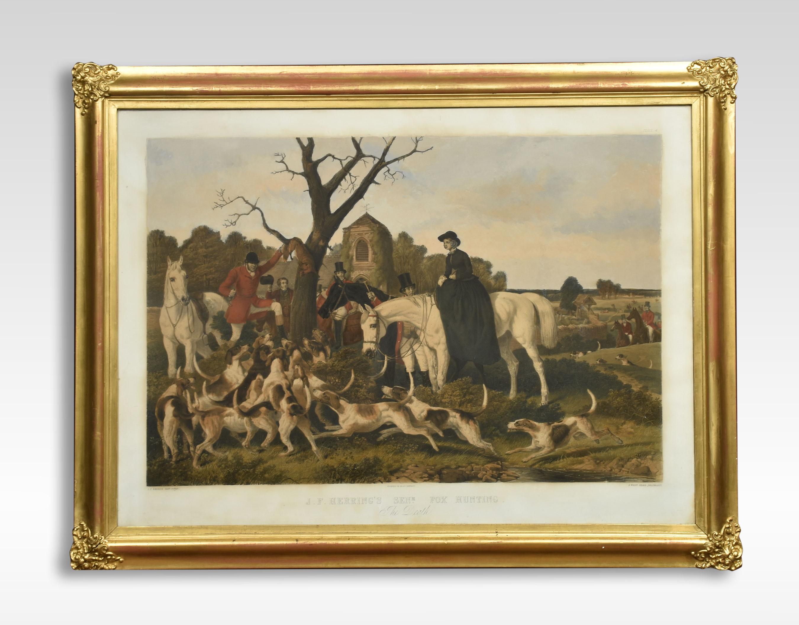 J. F. Herring, ensemble de quatre gravures en couleurs de chasseurs du 19e siècle dans des cadres en bois doré.
Dimensions
Hauteur 33.5 pouces
Largeur 44 pouces
Profondeur 2 pouces.