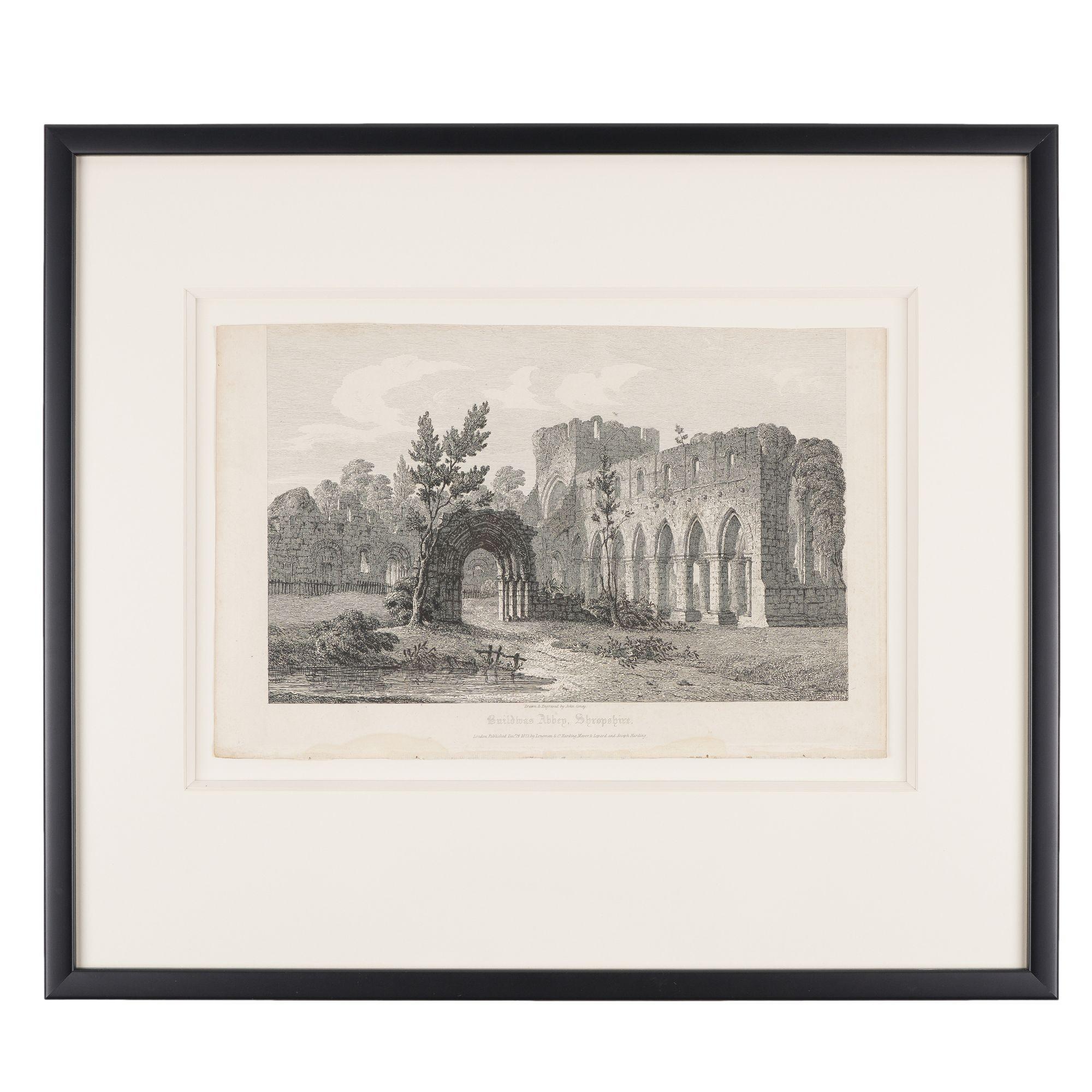 Set of four framed copperplate engravings of English Gothic ecclesiastical buildings. Engraved and printed by John Coney, signed in the plates, and published in London, 1819. Titles of the works as follows:

-Whitby Abbey, Yorkshire, 1815, North