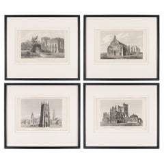 Conjunto de cuatro grabados de iglesias góticas inglesas por John Coney, 1819