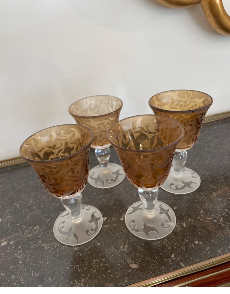 Set of Four Etched Art Glass Goblets by Michael Weems at 1stDibs
