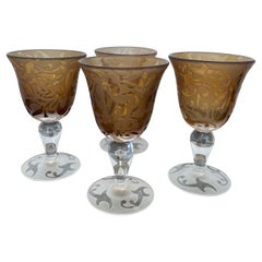 Set of Four Etched Art Glass Goblets by Michael Weems