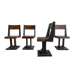 Set of Four Ettore Sottsass for Olivetti Synthesis Cast Iron and Wood Chairs, It