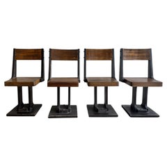 Set of Four Ettore Sottsass for Olivetti Synthesis Cast Iron and Wood Chairs, It