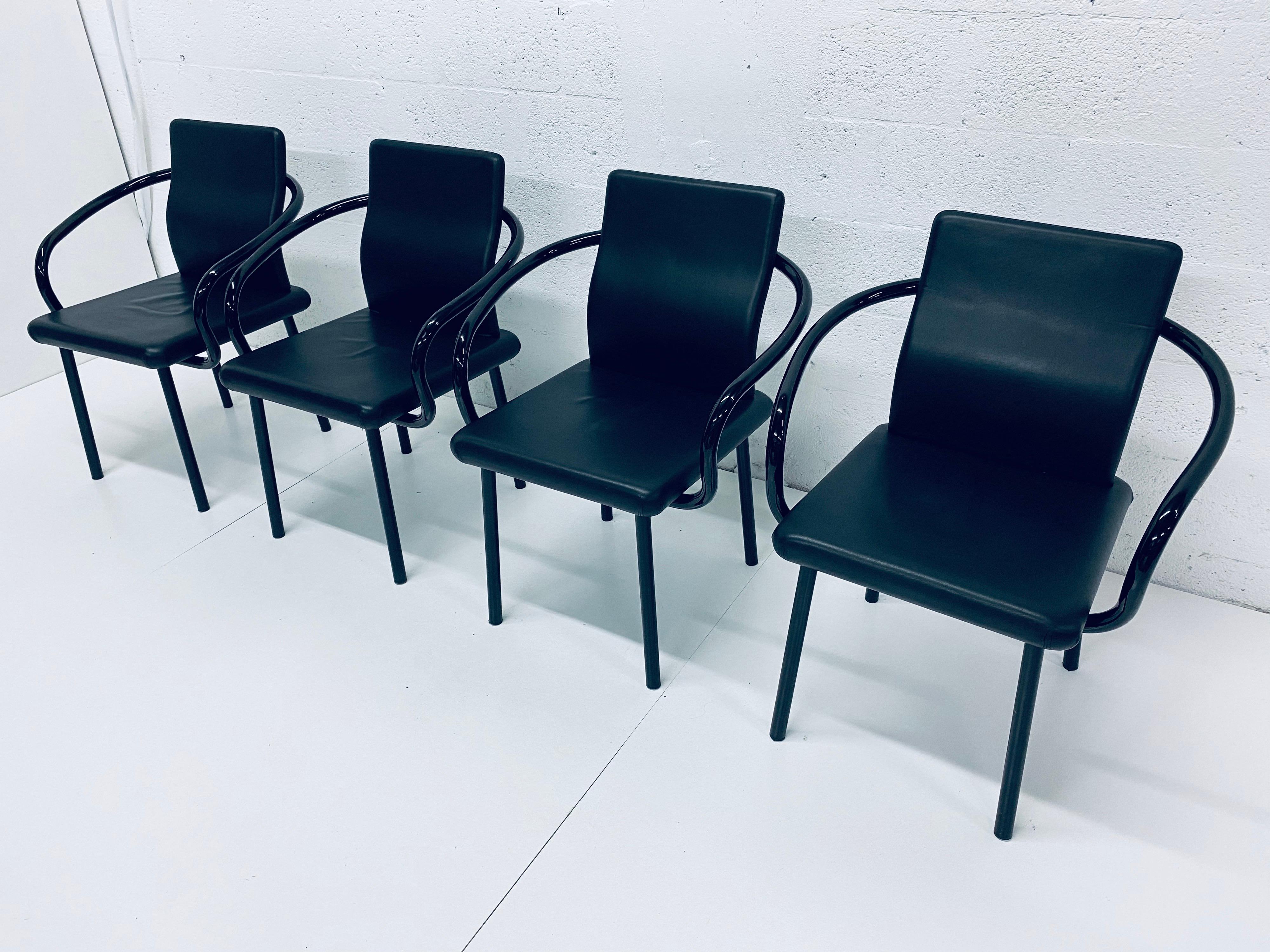 Post-Modern Set of Four Ettore Sottsass “Mandarin” Black Naugahyde Dining Chairs for Knoll