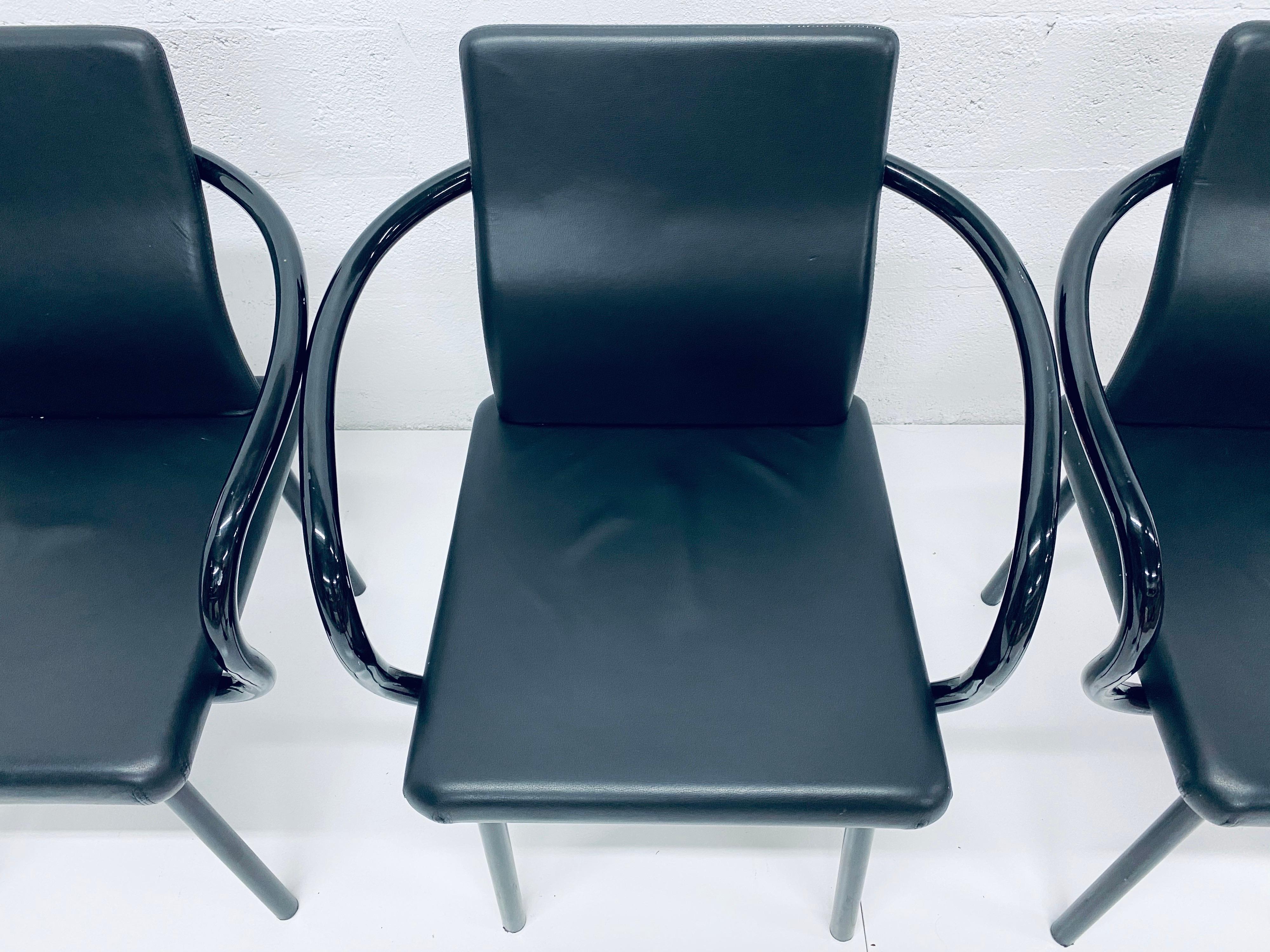 Steel Set of Four Ettore Sottsass “Mandarin” Black Naugahyde Dining Chairs for Knoll