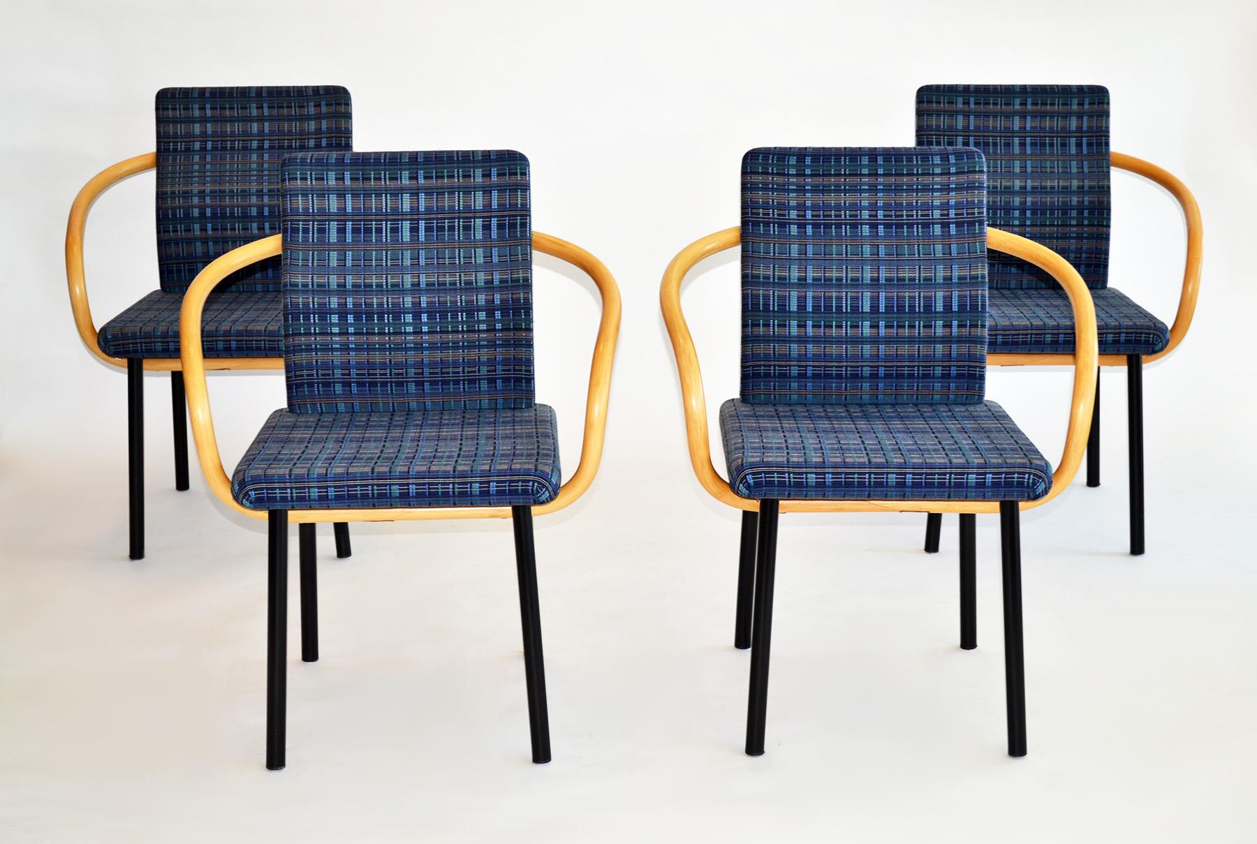 Set of Four Ettore Sottsass Mandarin Chairs for Knoll with Bamboo Arms, Memphis 
Knoll fabric, made in France. Rare set with bamboo arms. 

CONTACT US FOR A DETAILED CONDITION REPORT
