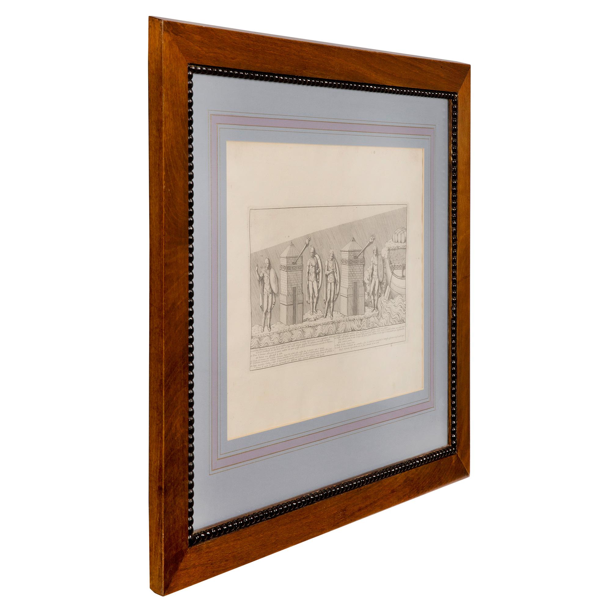 A very attractive set of four European 19th century prints in their original oak frames. Each beautiful print depicts soldiers on foot and horseback with chariots and boat marching off to war. Each are printed in black and white and are set in their