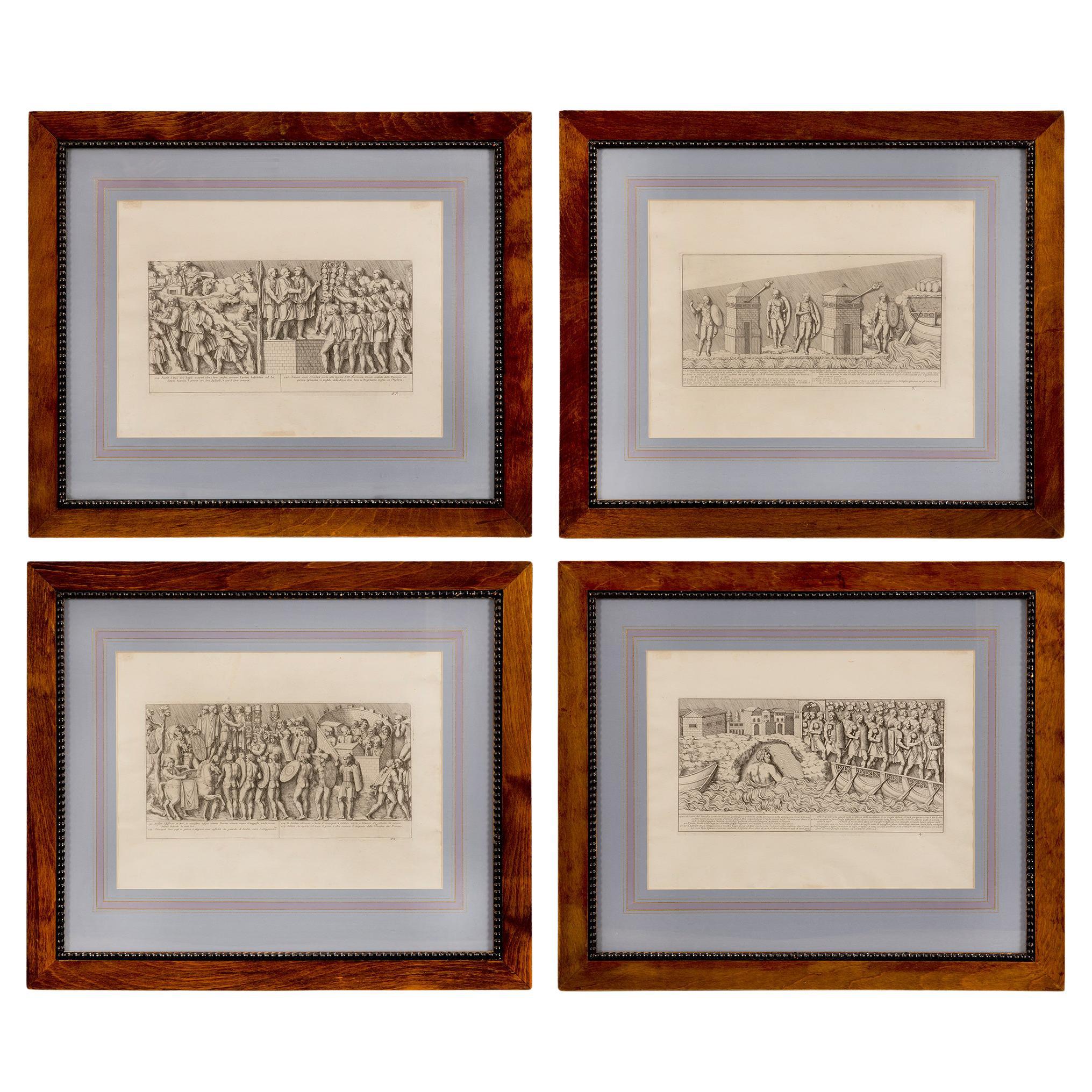 Set von vier europäischen Drucken aus dem 19. Jahrhundert in originalen Eichenholzrahmen