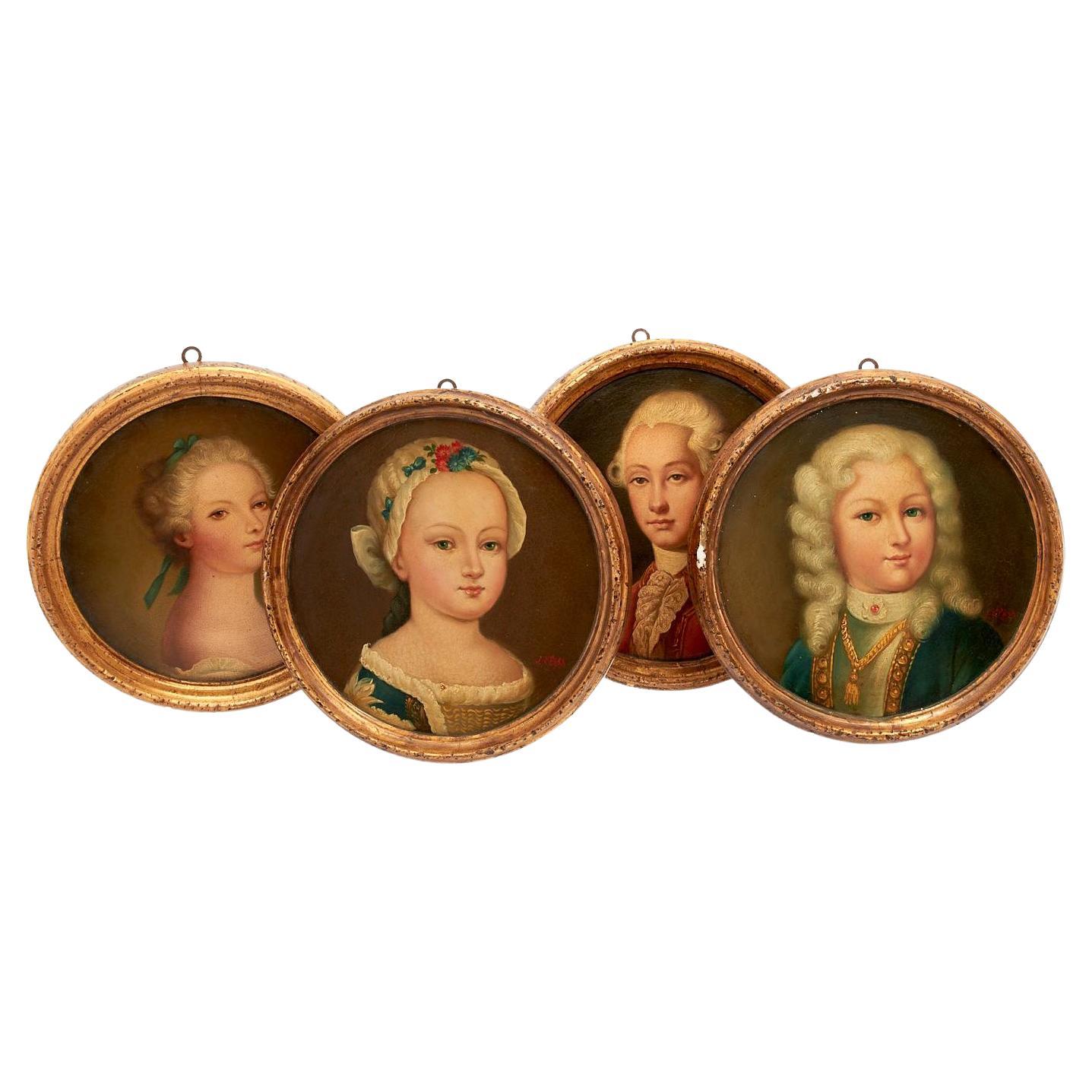 Set Of Four European Period Portraits, Oil On Board, 19th Century For Sale