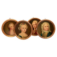 Antique Set Of Four European Period Portraits, Oil On Board, 19th Century