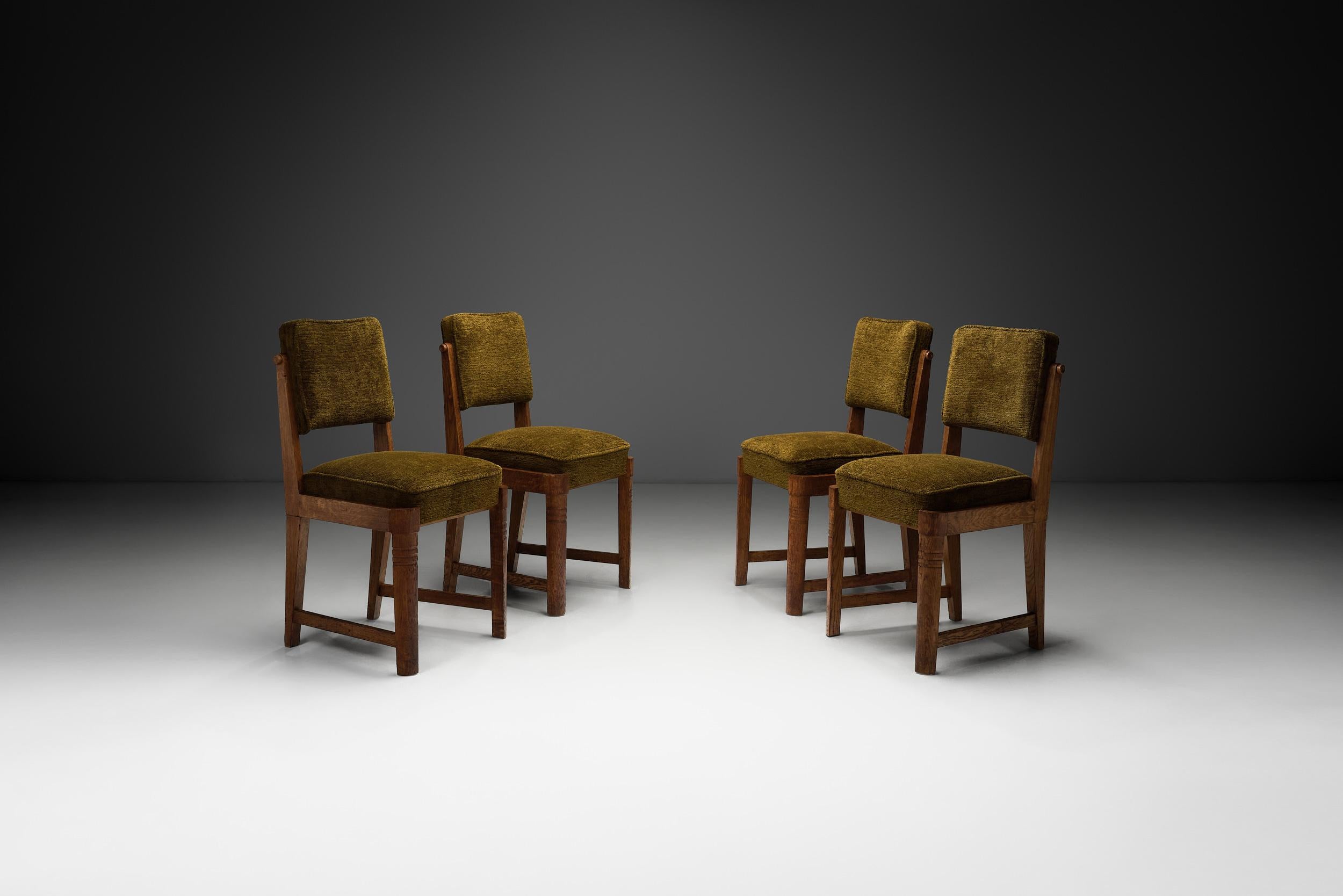 This set of four dining chairs is a beautiful example of European mid-20th century design, seamlessly blending warmth, simplicity, and practical elegance. The chairs feature inviting, softly curved lines and a harmonious combination of materials