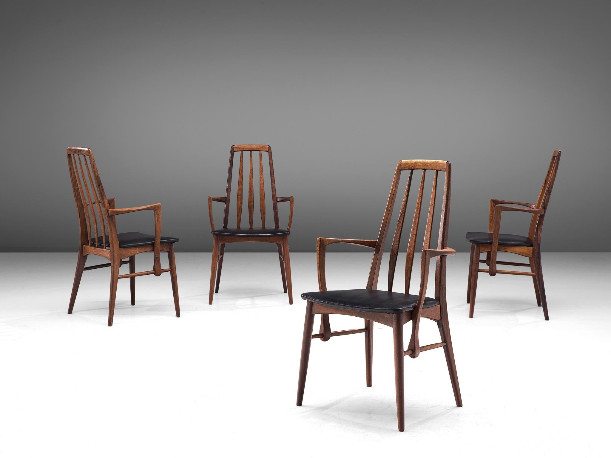 Niels Koefoed for Koefoeds Hornslet, set of 4 Eva chairs, rosewood and leather, Denmark, 1960s

Beautiful set of four dining chairs with a rosewood frame, designed by the Danish Niels Koefoed. These high back chairs have an elegant and