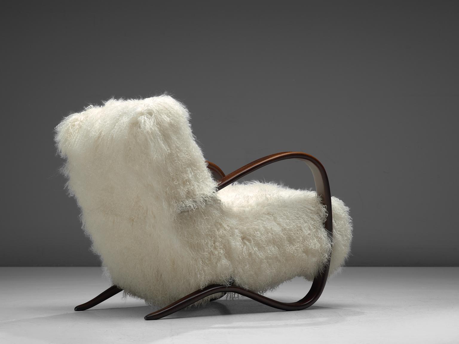 Stained Four Exclusive Jindrich Halabala Lounge Chairs with Tibetan Lambswool