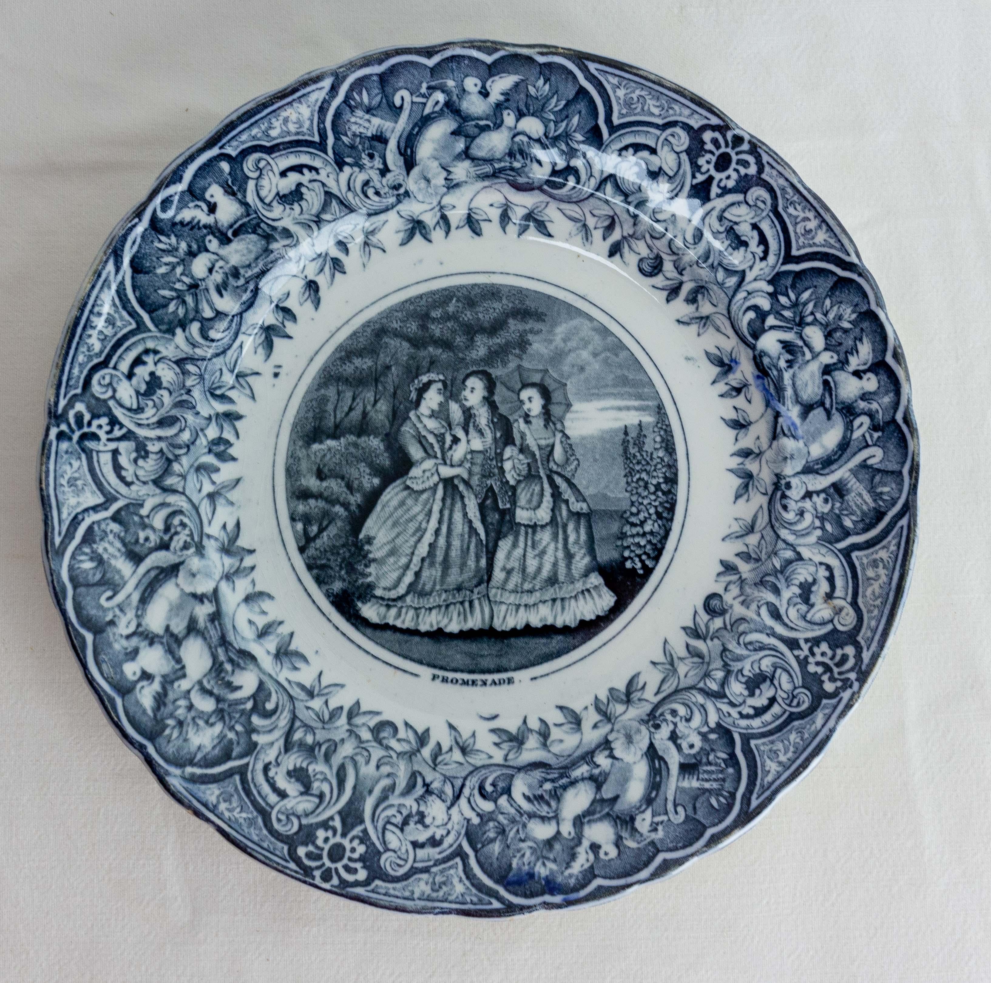 Romantic Set of Four Faience Plates Gallant Scenes, Bordeaux France, Late 19th Century For Sale