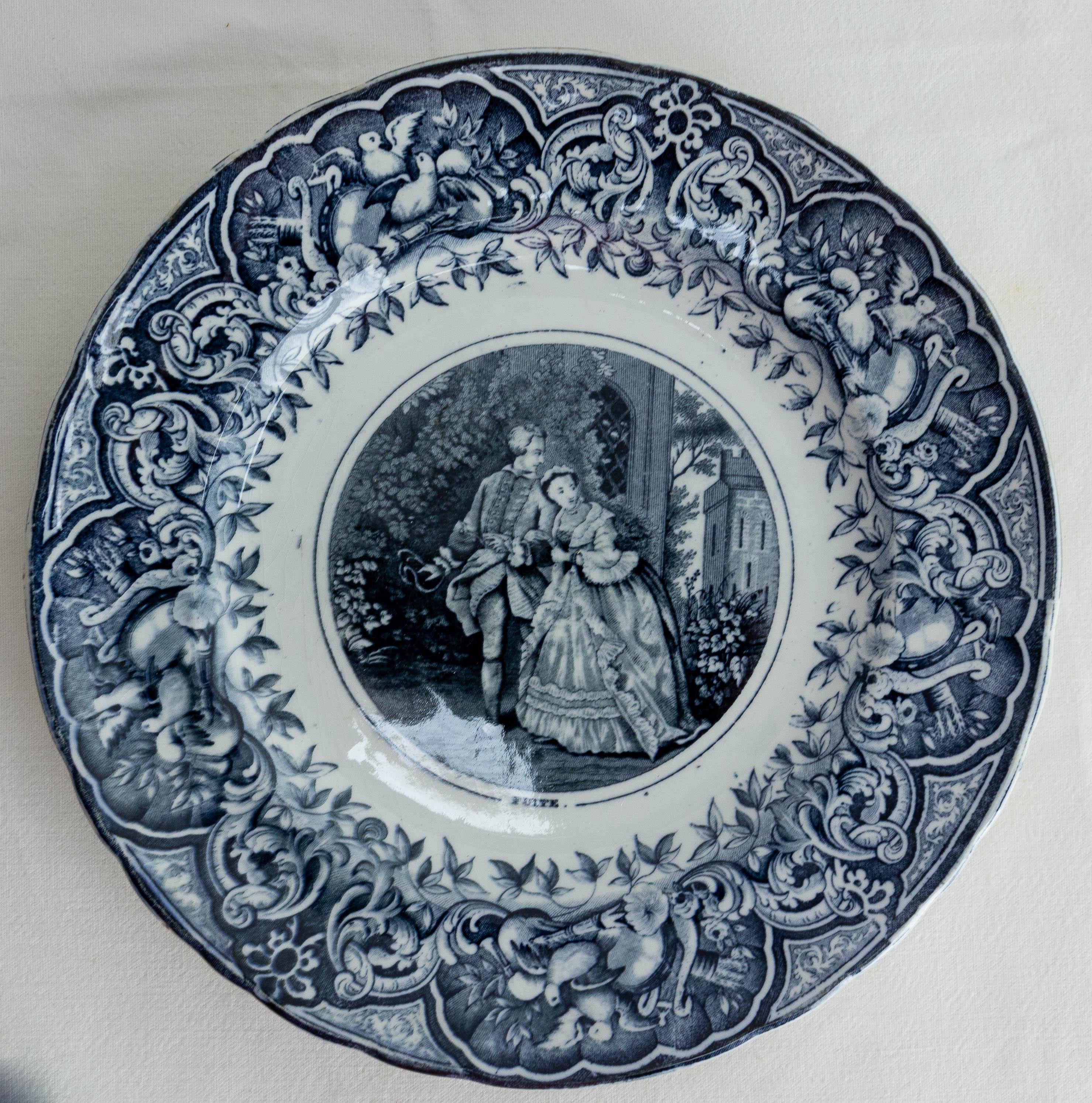 French Set of Four Faience Plates Gallant Scenes, Bordeaux France, Late 19th Century For Sale
