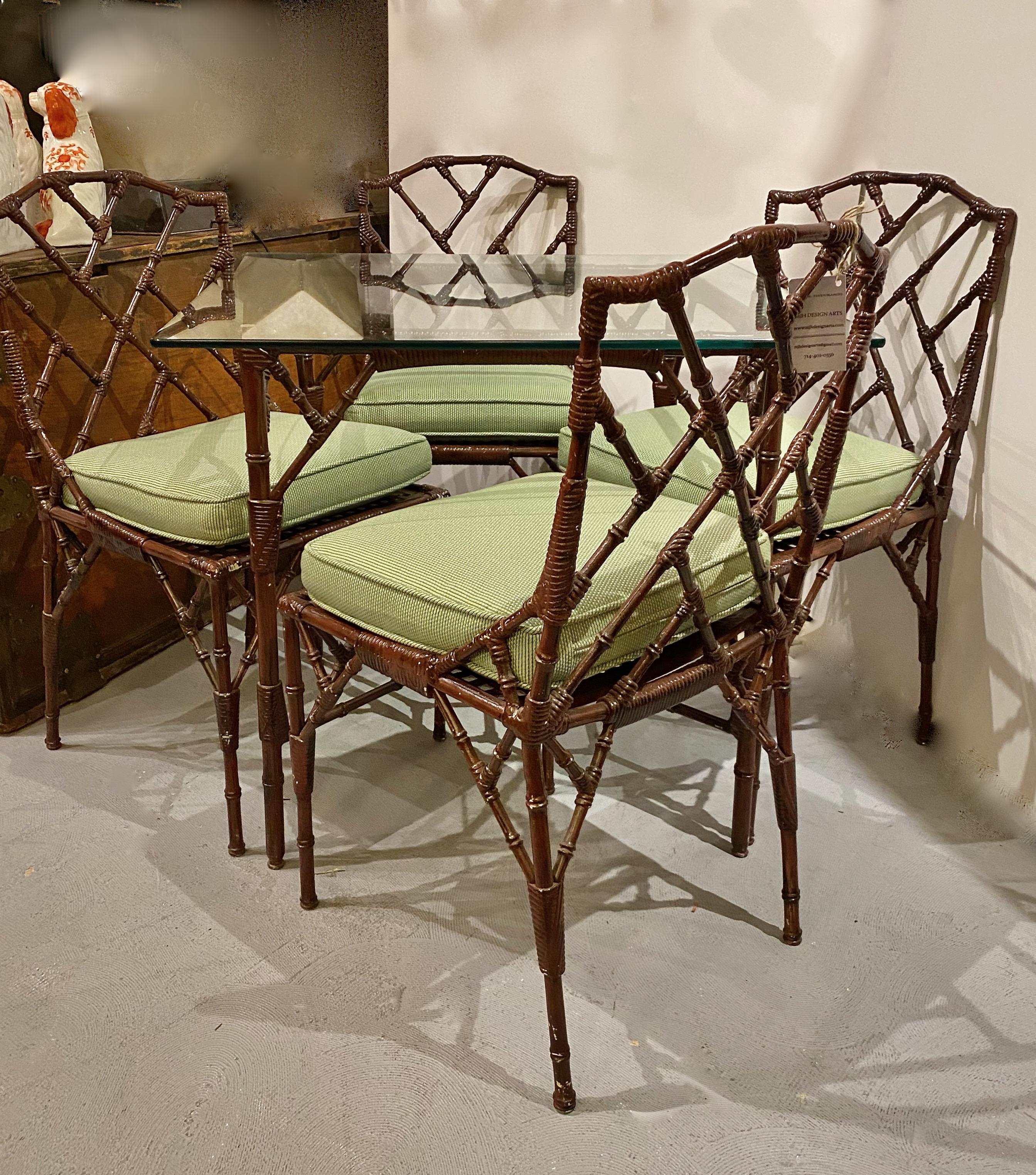 Chinese Chippendale Set of Four Faux Bamboo Chairs and Table, c. 1970-1980 For Sale