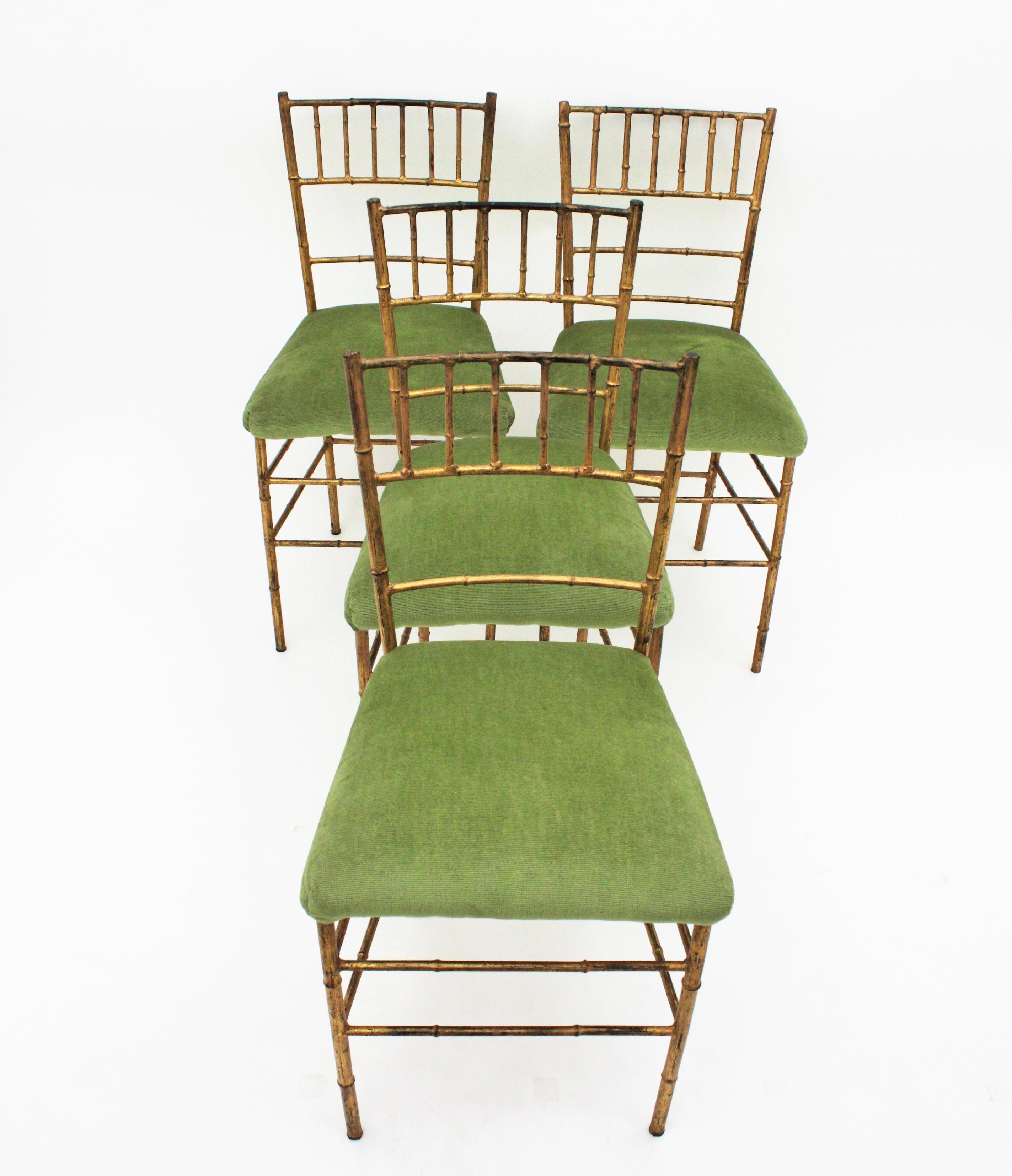 Set of four gold leaf gilt iron faux bamboo chairs, France, 1940s.
Nicely constructed. They have a beautiful aged patina showing their original gold leaf gilding
To be re-upholstered.
Priced and sold as a set.
Measures: 40 cm W x 82.5 cm H x 33