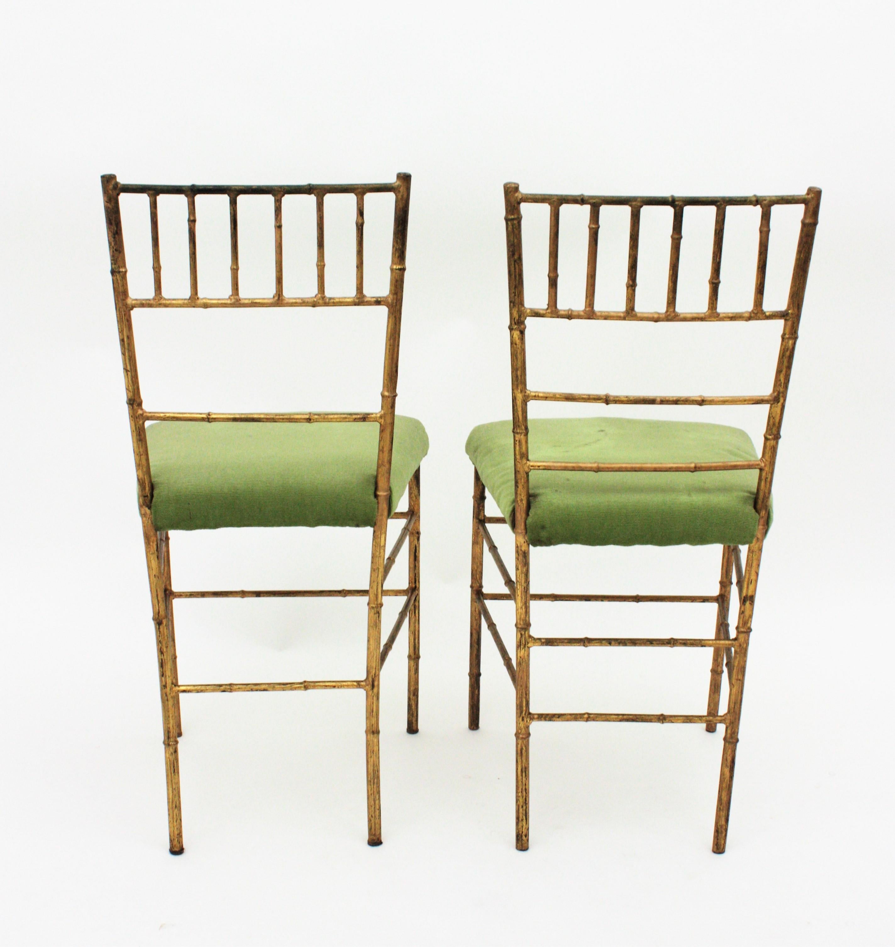 Hollywood Regency Set of Four Faux Bamboo Chairs in Gilt Iron For Sale
