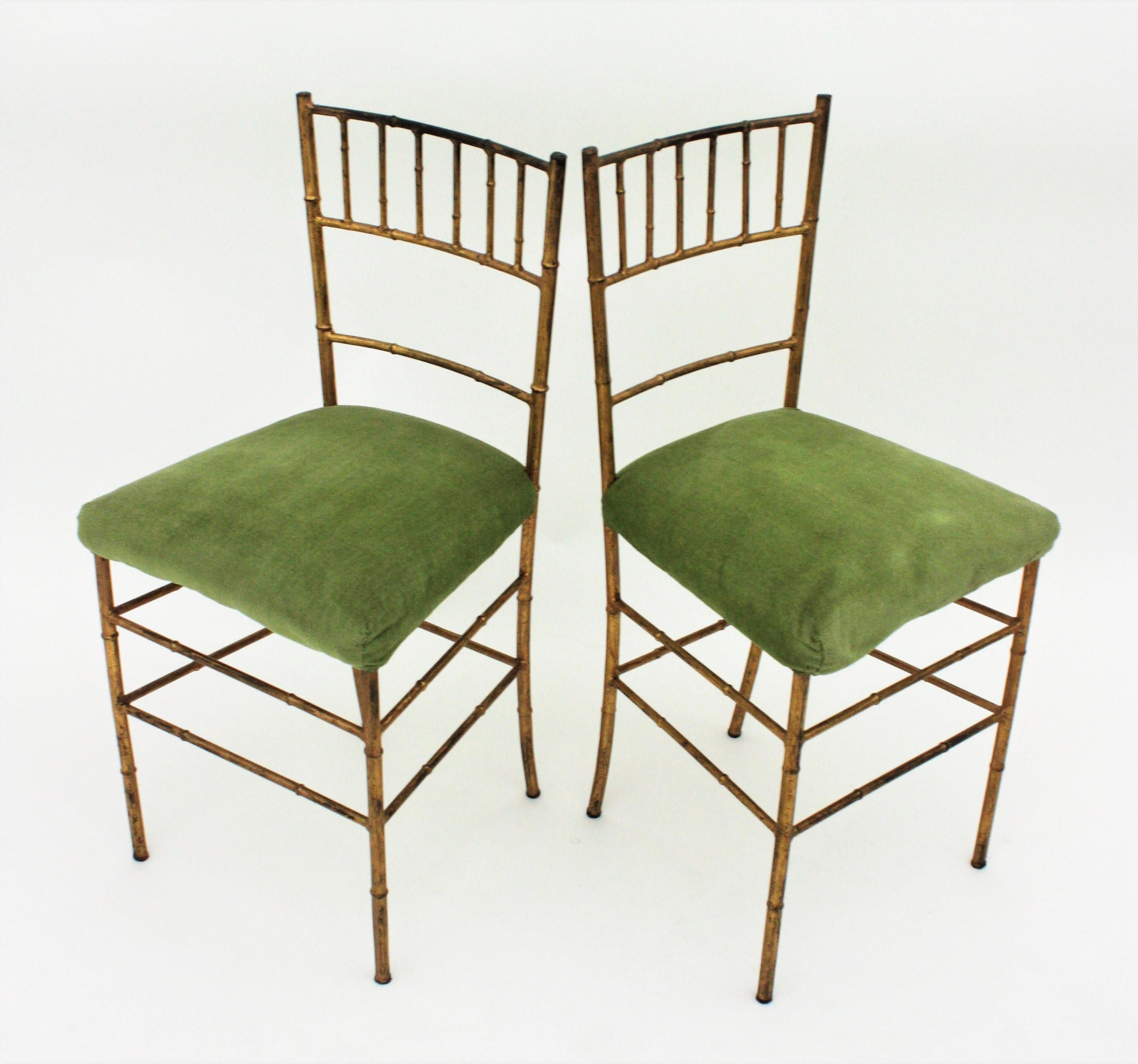 French Set of Four Faux Bamboo Chairs in Gilt Iron For Sale