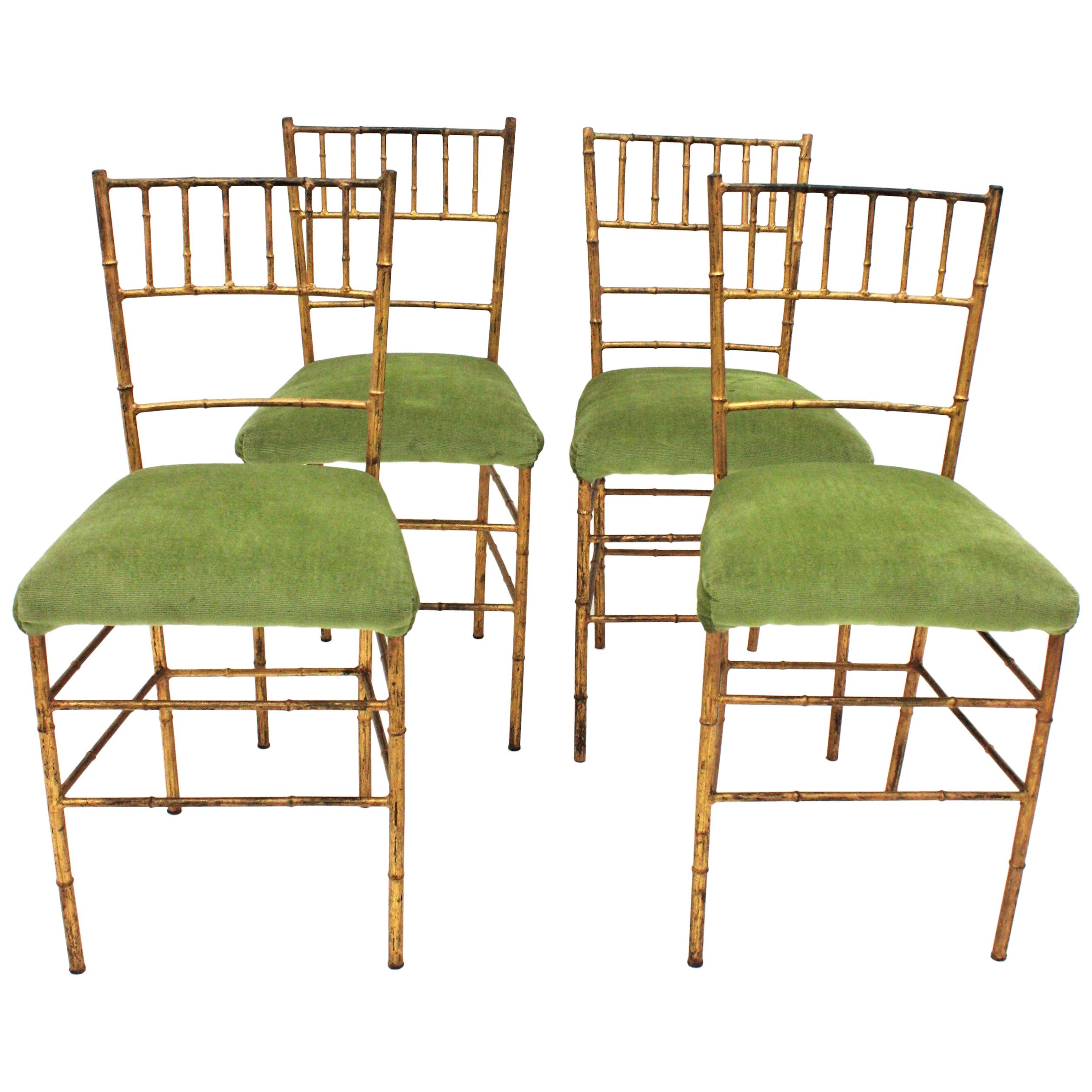 Set of Four Faux Bamboo Chairs in Gilt Iron