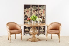 Set of Four Faux Bamboo Leather Barrel Back Lounge Chairs