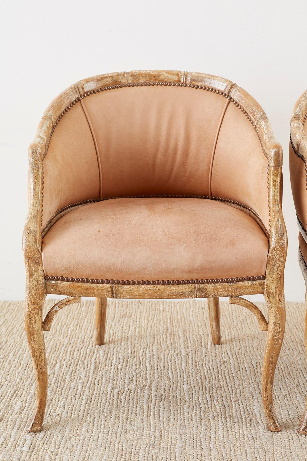 Set of Four Faux Bamboo Leather Barrel Back Lounge Chairs In Distressed Condition In Rio Vista, CA