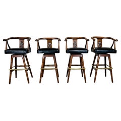 Set of Four Faux Bamboo Mahogany Chinoiserie Asian Style Mid-Century Bar Stools