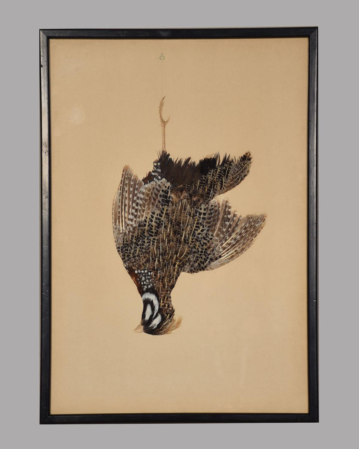 A set of four feather pictures of hanging game birds in the style of Michelangelo Meucci, composed of feathers, the beaks and legs in watercolour. Encased in ebonies frames.
Dimensions
Height 19 Inches
Width 13 Inches
Depth 0.5 Inches