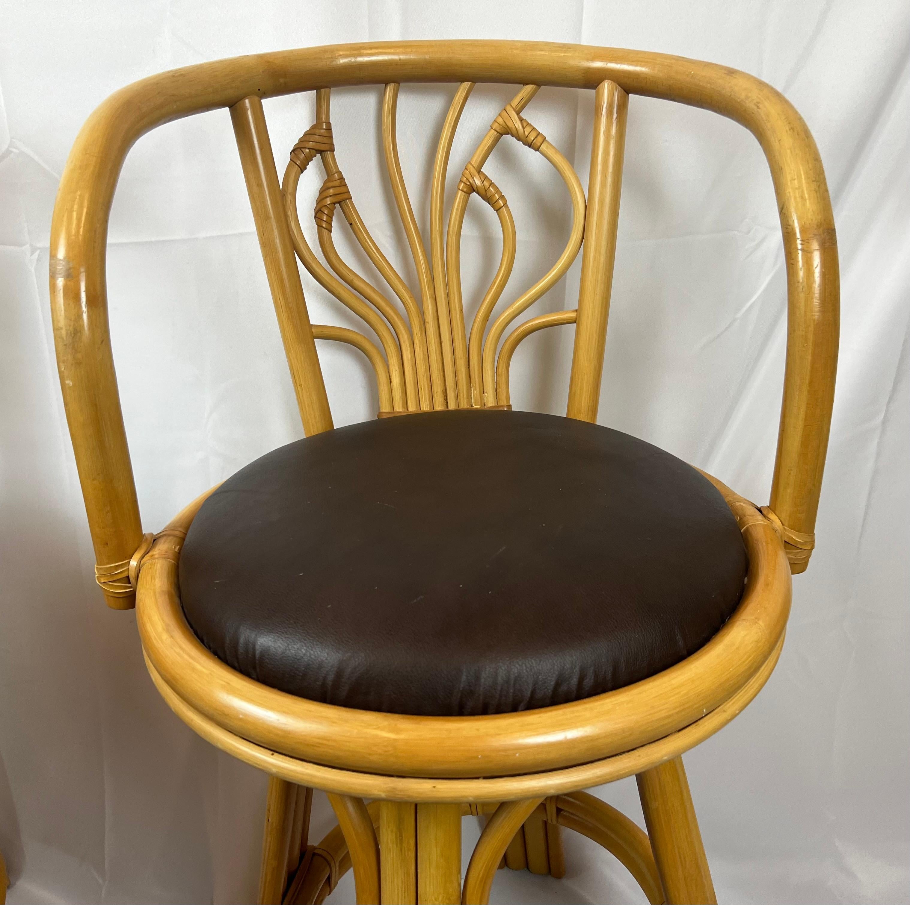 Ficks Reed Style Swivel Rattan Bar Stools-Set of Four In Good Condition In West Palm Beach, FL