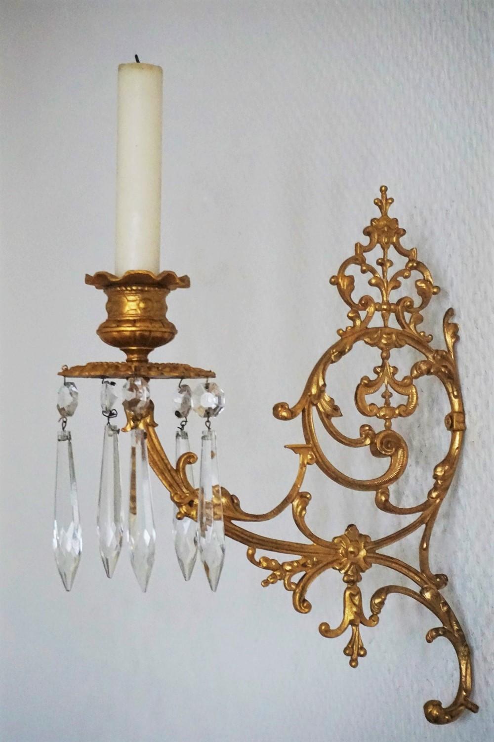 Crystal Set of Four Fine French Louis XVI Period Gold Doré Bronze Candle Wall Sconces For Sale
