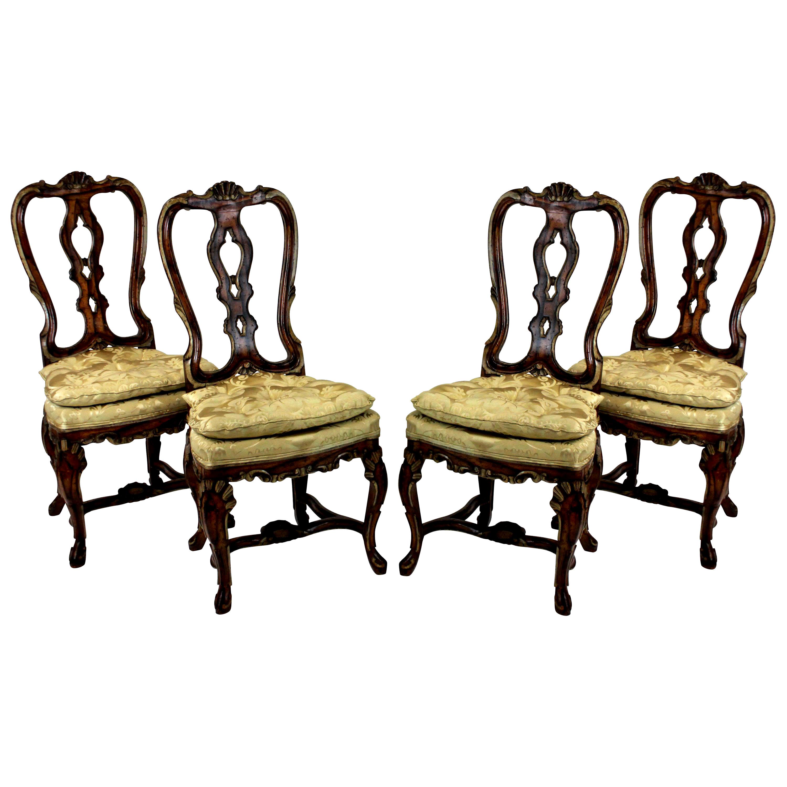 Set of Four Fine George II Faux Walnut and Gilted Dining Chairs