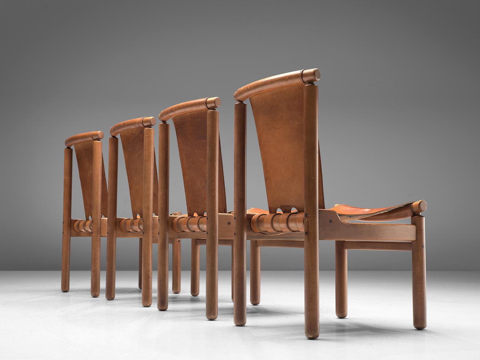Mid-Century Modern Set of Four Finnish Dining Chairs in Patinated Cognac Leather