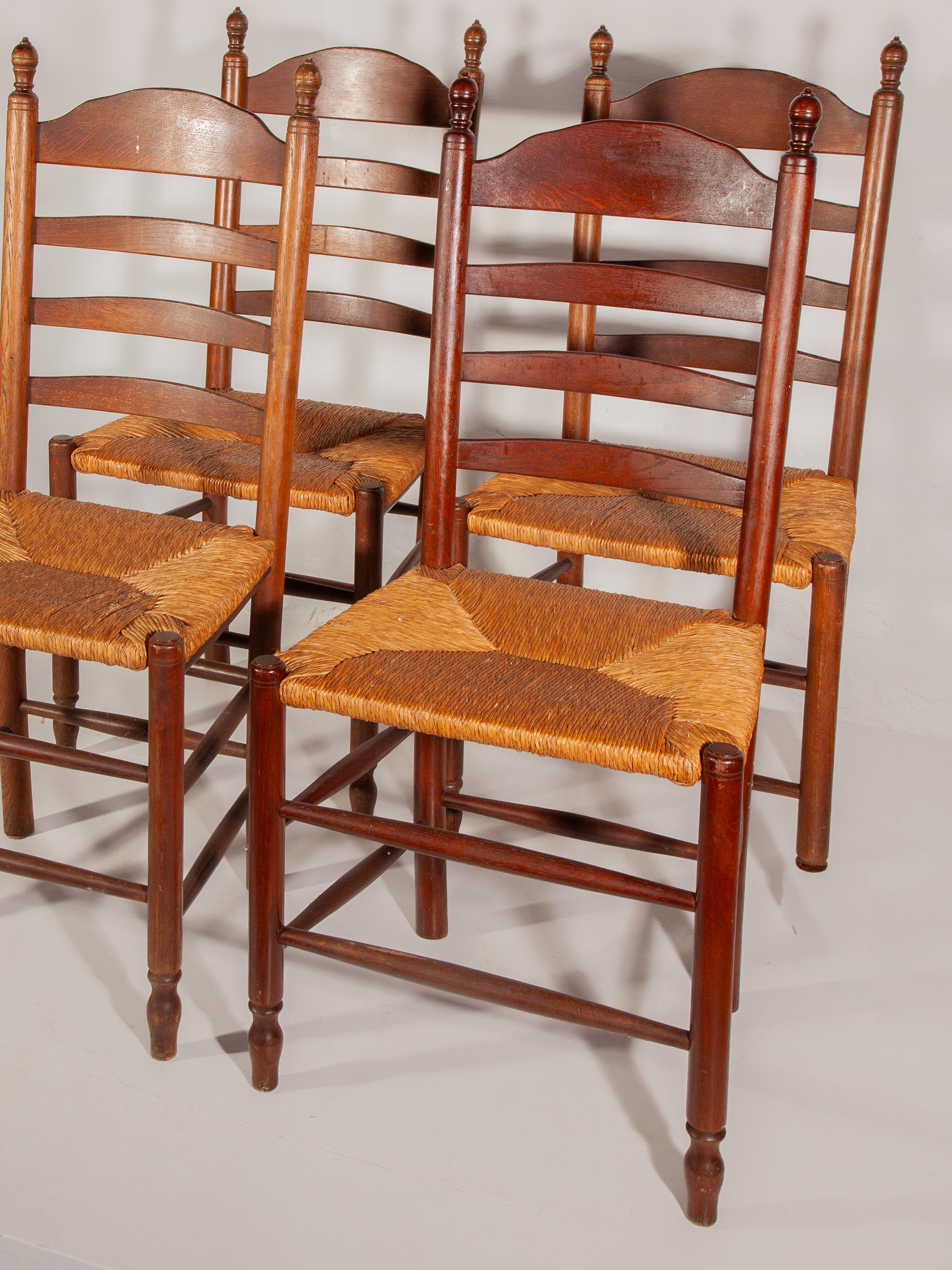Set di quattro sedie da pranzo con schienale a scaletta in Oak e giunco in stile country fiammingo, anni '50 in vendita 4