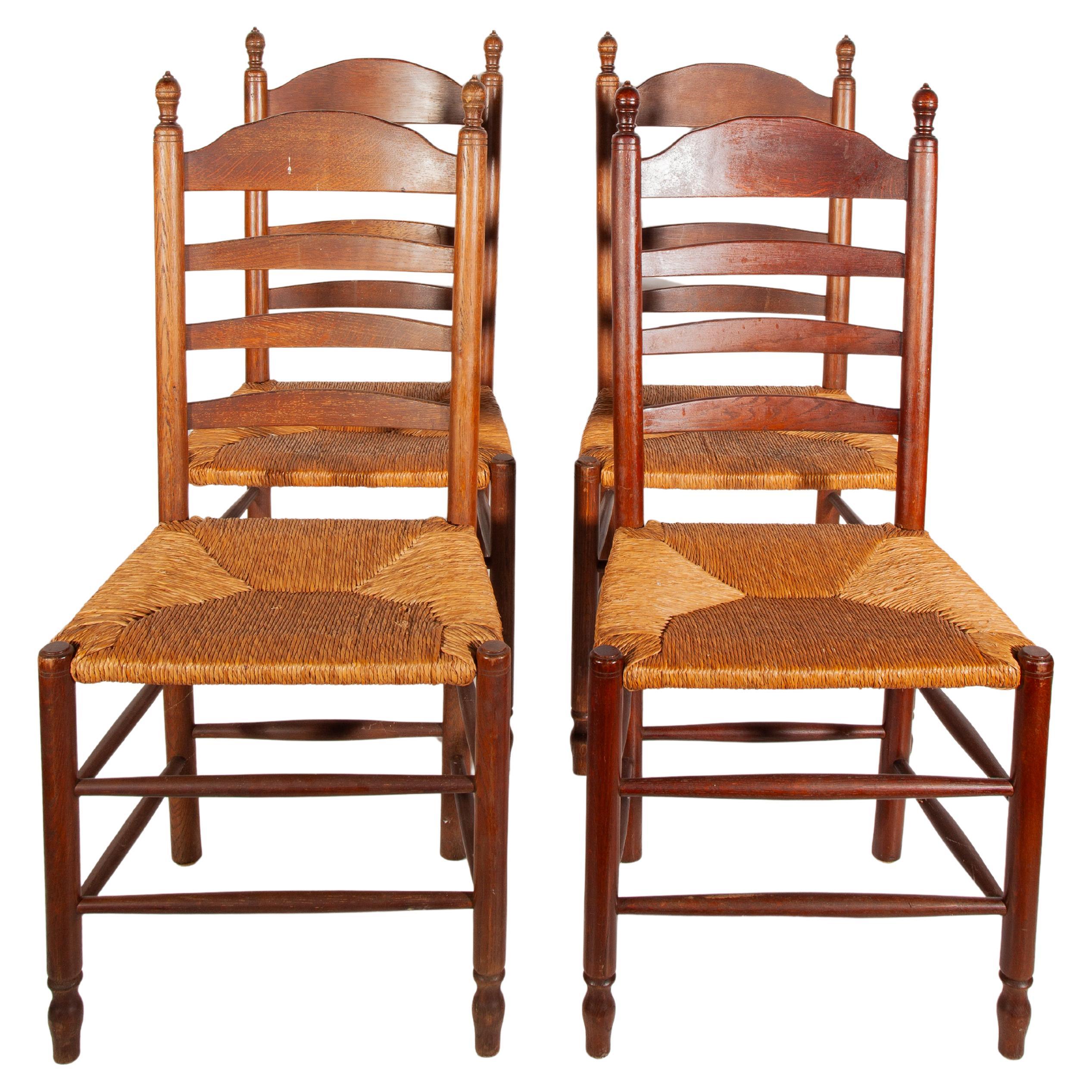 Set of Four Flemish Country style Oak & Rush Ladderback Dining chairs, 1950s