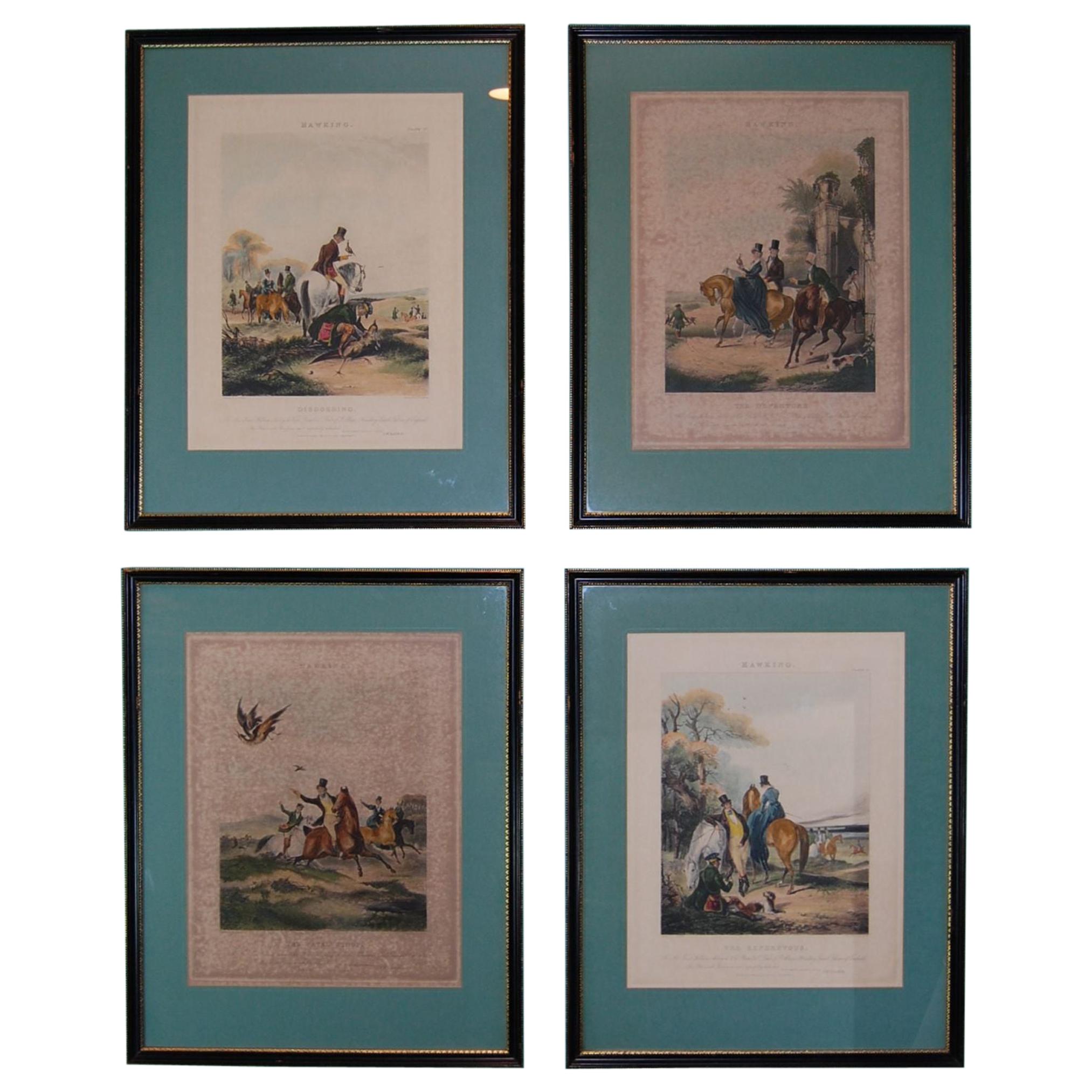 Set of Four Framed and Matted English Hawking Prints, circa 1870