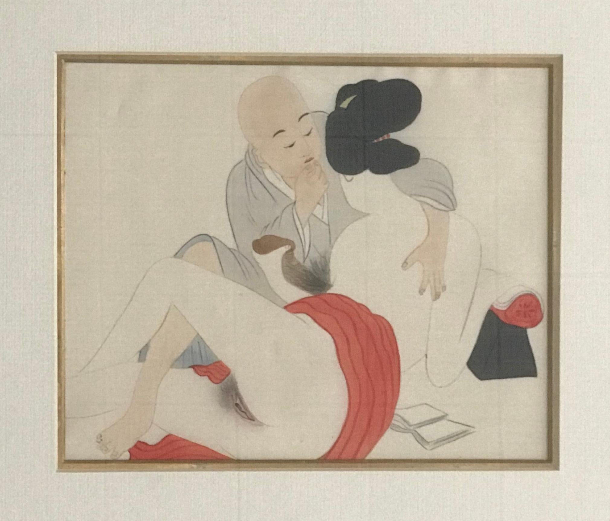 A wonderful set of four Shunga painting (the Japanese erotic painting) from Meiji period, circa 19th century. The hand-painted scene of domestic sexual pleasure were framed in beautiful wood frames wit gold leaf corners.
Provenance: Purchased from