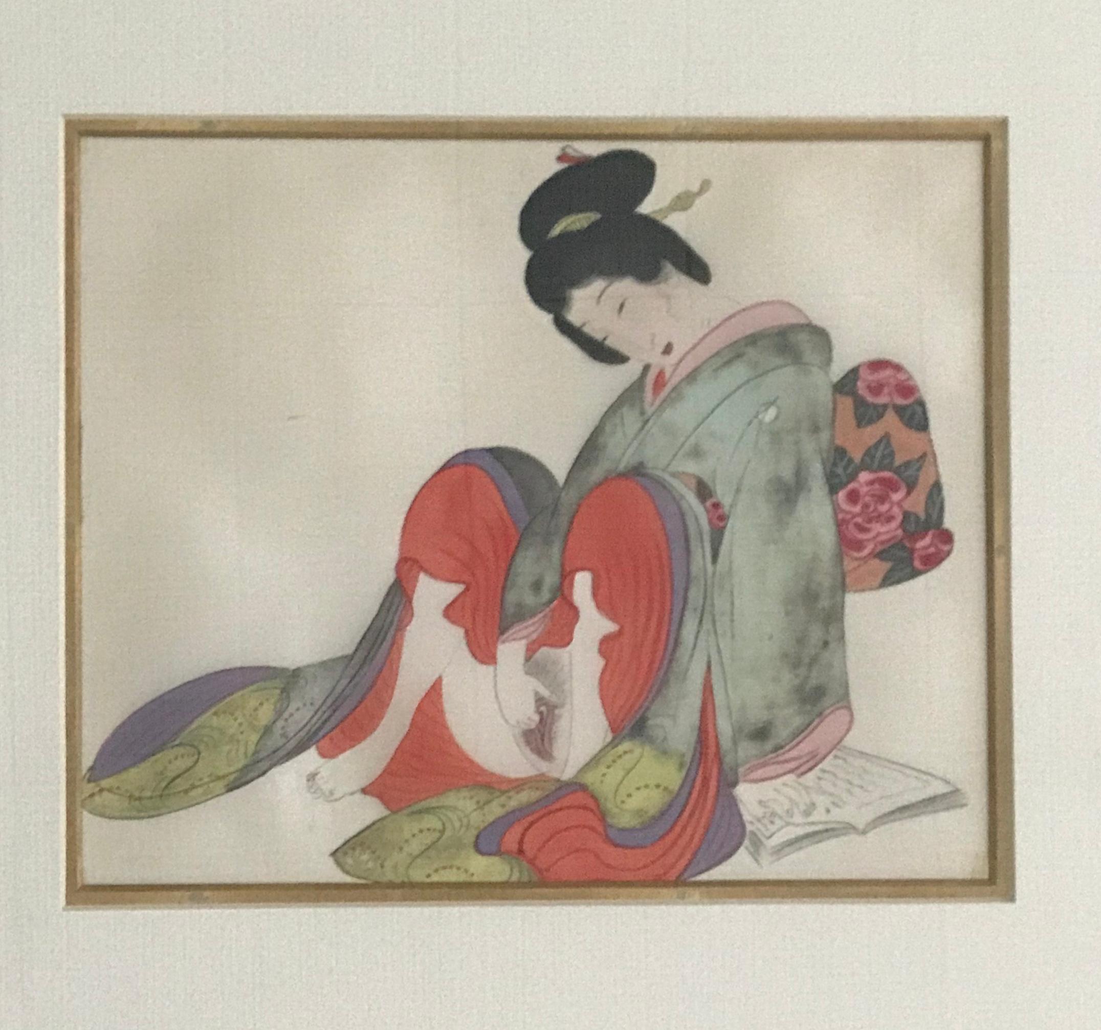 Japonisme Set of Four-Framed Antique Japanese Shunga Paintings on Silk