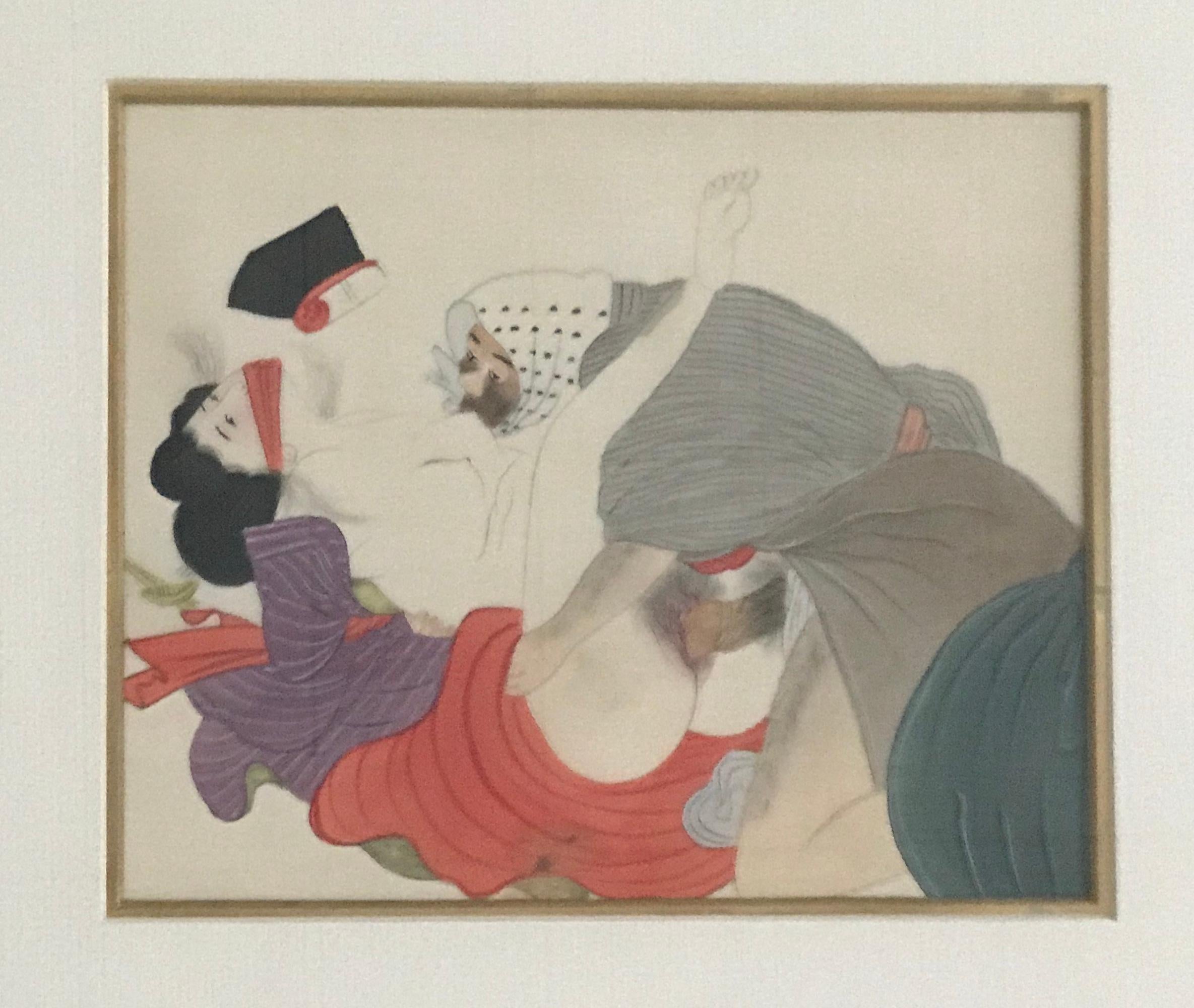 Hand-Painted Set of Four-Framed Antique Japanese Shunga Paintings on Silk