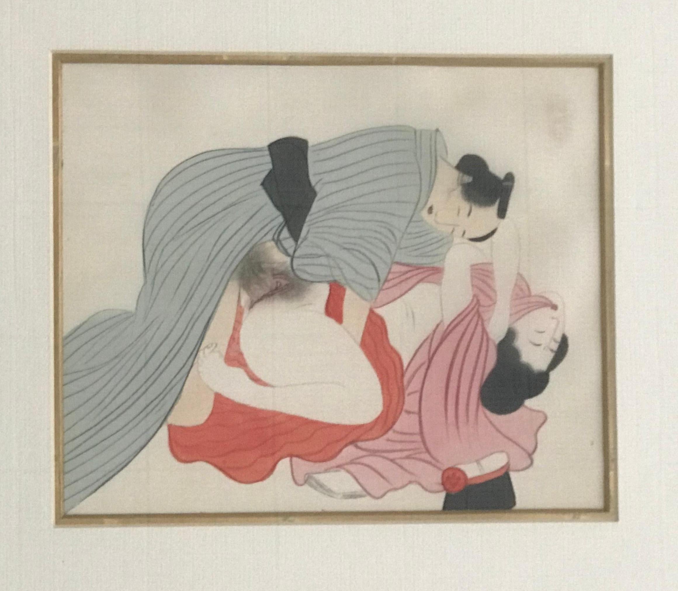 Set of Four-Framed Antique Japanese Shunga Paintings on Silk In Good Condition In Atlanta, GA