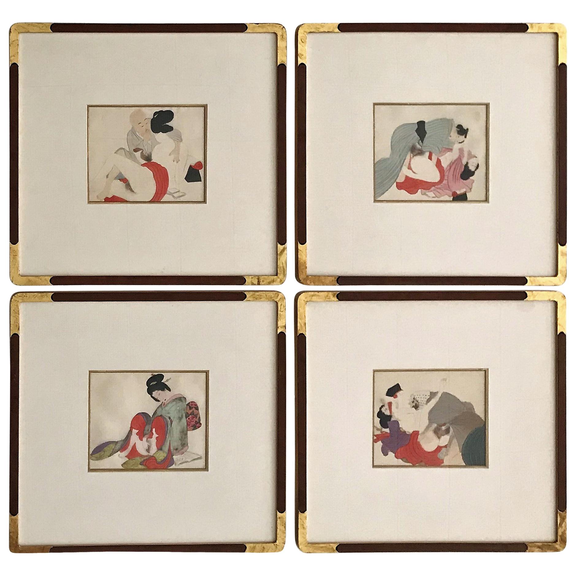 Set of Four-Framed Antique Japanese Shunga Paintings on Silk