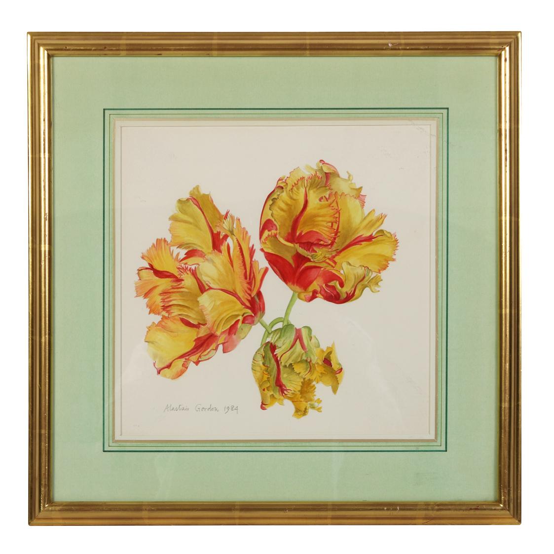 A set of four framed botanical watercolors signed by Alastair Gordon. The botanical quartet is a captivating collection that effortlessly combines artistry and nature and features an array of vibrant and meticulously detailed flower species. Each