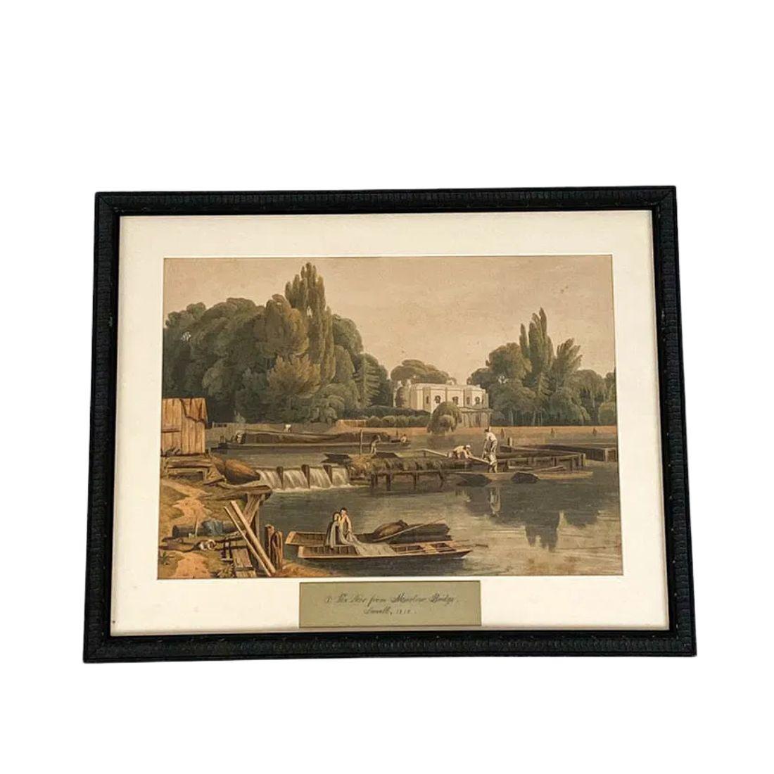 A set of four framed original prints of British waterfront scenes depicting 19th century landscapes by English landscape painter Havell.  In 1816 Havell painted a series of pictures deemed 'picturesque views of British villas.'  Each print is titled