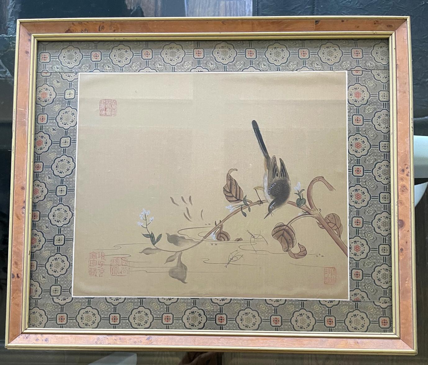 Set of Four Framed Chinese Silk Flower and Bird Paintings For Sale 5